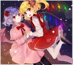  2girls :d black_legwear blonde_hair bow christmas dress flandre_scarlet flower frilled_skirt frills hair_flower hair_ornament hand_holding highres kawachi_rin looking_at_viewer multiple_girls open_mouth outdoors pink_skirt purple_hair red_bow red_dress red_eyes remilia_scarlet short_hair skirt smile snowing standing standing_on_one_leg touhou white_legwear wings 