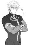  1boy bodysuit crossed_arms fate/grand_order fate_(series) gawain_(fate/extra) gawain_(fate/grand_order) greyscale highres izumi_shino male_focus monochrome muscle simple_background solo upper_body white_background 