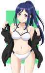  1girl bikini black_jacket blue_hair breasts cowboy_shot gluteal_fold groin highres jacket long_hair love_live! love_live!_sunshine!! matsuura_kanan medium_breasts navel okuba ponytail solo standing swimsuit violet_eyes white_bikini 