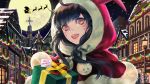  1girl ahoge artist_name bow box brown_eyes brown_hair building capelet christmas christmas_lights cloak commentary d.va_(overwatch) dated dress facepaint facial_mark full_moon fur_trim gift gift_box highres holding hood hood_up hooded_cloak husky_(user_ckra4535) lamppost long_hair looking_at_viewer making_of mecha meka_(overwatch) merry_christmas moon night open_mouth overwatch pom_pom_(clothes) red_dress reindeer santa_costume signature silhouette sleigh smile snow snowing solo town whisker_markings window 