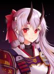  1girl absurdres armor blush breasts fate/grand_order fate_(series) hair_between_eyes hair_ribbon headband highres horns japanese_armor japanese_clothes kimono long_hair looking_at_viewer mariial oni_horns ponytail red_eyes ribbon silver_hair smile solo tomoe_gozen_(fate/grand_order) upper_body very_long_hair white_kimono 