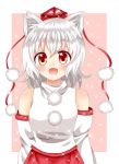  1girl amiguri animal_ears bare_shoulders blush breasts detached_sleeves graphite_(medium) hat inubashiri_momiji leaf looking_at_viewer maple_leaf medium_breasts open_mouth pom_pom_(clothes) red_eyes ribbon-trimmed_sleeves ribbon_trim short_hair silver_hair solo tail tokin_hat touhou traditional_media wide_sleeves wolf_ears wolf_tail 