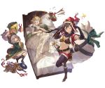  3girls bed blonde_hair bob_cut boots bow_(weapon) brown_footwear brown_hair color_drain cropped_jacket crossbow faceless faceless_female feena_(shingeki_no_bahamut) full_body gift granblue_fantasy jacket minaba_hideo minigob multiple_girls official_art pointy_ears red_jacket red_shorts salute santa_costume shorts standing standing_on_one_leg transparent_background weapon 