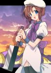  1girl :d beret black_legwear blue_eyes bow brown_hair dress evening hat hatchet highres higurashi_no_naku_koro_ni holding holding_weapon multicolored multicolored_sky nose_hatchet open_mouth oriental_hatchet puffy_short_sleeves puffy_sleeves purple_bow ryuuguu_rena shinoko short_hair short_sleeves sky smile solo sunset thigh-highs weapon white_beret white_dress wristband zettai_ryouiki 