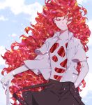  androgynous clouds hand_in_pocket houseki_no_kuni long_hair looking_at_viewer open_clothes open_shirt padparadscha_(houseki_no_kuni) red_eyes redhead shirt smile solo tische white_shirt wind 