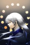  1boy artist_request blue_eyes card_captor_sakura face from_side hair_between_eyes highres long_hair male_focus moon moon_phases parted_lips profile serious signature silver_hair solo very_long_hair yue_(ccs) 