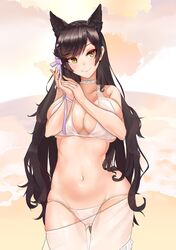  1girl animal_ears atago_(azur_lane) azur_lane bangs bikini black_hair breasts cowboy_shot fox_ears gluteal_fold hands_together highres large_breasts liyc mole mole_under_eye ribbon sarong see-through smile solo swept_bangs swimsuit white_bikini white_ribbon yellow_eyes 