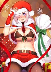  1girl benitsuki_tsubasa bikini_top black_bikini_top black_legwear breasts capelet fate/grand_order fate_(series) fur_trim gift hair_over_one_eye hat indoors large_breasts mash_kyrielight midriff miniskirt navel pantyhose polka_dot purple_hair sack santa_costume santa_hat short_hair skirt snowflakes solo under_boob violet_eyes 