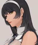  1girl bangs black_hair breasts cape choker eyebrows_visible_through_hair flower from_side girls_frontline grey_background hairband large_breasts lipstick long_hair looking_at_viewer makeup parted_lips qbz-95_(girls_frontline) shirt sidelocks signature simple_background solo sungwon white_hairband white_shirt yellow_eyes 