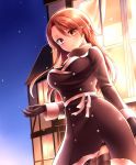  1girl breasts brown_eyes brown_hair coat commentary_request cowboy_shot gloves hair_between_eyes hand_up highres large_breasts long_sleeves looking_at_viewer neit_ni_sei night night_sky original scarf sky smile snowing solo standing thigh-highs window 