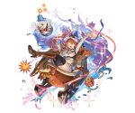  1girl ;d bomb boots cape full_body gift granblue_fantasy hat long_hair looking_at_viewer mary_(granblue_fantasy) minaba_hideo official_art one_eye_closed open_mouth orange_eyes orange_hair sleigh smile snowman solo transparent_background twintails 