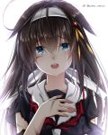  1girl :o alternate_hairstyle bangs baretto_(firearms_1) black_serafuku blush crying crying_with_eyes_open eyebrows_visible_through_hair hair_between_eyes hair_down hair_ornament hairband hairpin hand_on_own_chest highres kantai_collection light_particles looking_at_viewer neckerchief open_mouth raised_eyebrows red_neckwear remodel_(kantai_collection) school_uniform serafuku shigure_(kantai_collection) shirt simple_background solo streaming_tears tareme tears torn_clothes torn_shirt twitter_username upper_body white_background white_hairband 