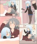  2girls blue_eyes blue_skirt blush book closed_eyes comic door gangut_(kantai_collection) grey_hair hair_between_eyes hibiki_(kantai_collection) highres kantai_collection kotatsu long_hair long_sleeves multiple_girls neckerchief pantyhose red_shirt scar scar_on_cheek school_uniform shirt silver_hair sitting skirt slipping table tama_(seiga46239239) translation_request verniy_(kantai_collection) yuri zzz 