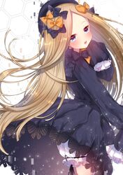  1girl abigail_williams_(fate/grand_order) akirannu bangs black_bow black_dress black_hat blonde_hair bloomers blue_eyes blush bow butterfly cowboy_shot dress fate/grand_order fate_(series) forehead glitch hair_bow hat hexagon hexagon_background highres long_hair long_sleeves looking_at_viewer looking_to_the_side open_mouth orange_bow parted_bangs polka_dot polka_dot_bow sleeves_past_wrists solo underwear upper_teeth very_long_hair white_background white_bloomers 