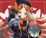  1girl abigail_williams_(fate/grand_order) bangs black_bow black_dress black_hat blonde_hair blue_eyes bow butterfly closed_mouth commentary_request dress fate/grand_order fate_(series) forehead hair_bow hat long_sleeves looking_at_viewer object_hug orange_bow parted_bangs polka_dot polka_dot_bow sleeves_past_wrists smile solo stuffed_animal stuffed_toy tamarashi teddy_bear v-shaped_eyebrows 