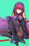  aqua_background armor armored_boots ass bodysuit boots breasts fate/grand_order fate_(series) gae_bolg high_heels labombardier! long_hair looking_at_viewer pauldrons purple_hair red_eyes scathach_(fate/grand_order) simple_background sitting veil 