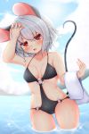  1girl animal_ears black_swimsuit commentary_request day grey_hair highres mouse_ears mouse_tail nazrin o-ring outdoors red_eyes solo summer swimsuit tail tokoya_(ex-hetare) touhou towel wading water wet 