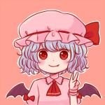  1girl ascot bangs batta_(ijigen_debris) blue_hair blush chibi dress fang fang_out hat looking_at_viewer mob_cap pink_background pink_dress puffy_short_sleeves puffy_sleeves red_eyes red_neckwear remilia_scarlet short_hair short_sleeves simple_background smile solo touhou upper_body v wings wristband 