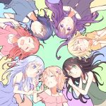  6+girls :d ^_^ alternate_hairstyle arm_garter bangs bare_shoulders black_hair black_shirt blonde_hair blue_dress blue_hair blue_shirt blunt_bangs blush braid breasts casual closed_eyes closed_mouth collarbone dress eyebrows_visible_through_hair facing_another facing_viewer flag gochuumon_wa_usagi_desu_ka? green_shirt hair_down hair_ornament hairclip hand_holding hands_together hetareeji hoto_cocoa jouga_maya kafuu_chino kirima_sharo light_blue_hair long_hair looking_at_another looking_at_viewer multicolored multicolored_background multiple_girls natsu_megumi off_shoulder open_mouth orange_hair pink_shirt purple_hair redhead shirt short_hair sleeveless sleeveless_dress sleeveless_shirt small_breasts smile sweat tank_top tedeza_rize ujimatsu_chiya upper_body x_hair_ornament yellow_shirt 