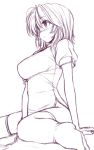  1girl bare_arms breasts commentary_request greyscale large_breasts monochrome no_hat no_headwear nori_tamago puffy_short_sleeves puffy_sleeves saigyouji_yuyuko short_hair short_sleeves sitting sketch solo thigh-highs touhou wariza work_in_progress 