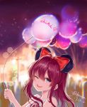  1girl :3 :d absurdres ahoge animal_ears aqua_eyes ascot balloon bangs bare_shoulders blurry blurry_background blush bokeh bow building character_name collared_shirt crowd dated depth_of_field disney disneyland ezusa fake_animal_ears hair_bow hair_intakes highres holding holding_balloon ichinose_shiki idolmaster idolmaster_cinderella_girls lamppost light_particles long_hair looking_at_viewer mickey_mouse_ears night night_sky one_eye_closed open_mouth outdoors purple_hair purple_neckwear red_bow shirt sky sleeveless sleeveless_shirt smile solo_focus teeth tree twitter_username upper_body wavy_hair white_shirt 