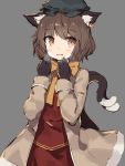  1girl animal_ears black_gloves blush bow bowtie breath cat_ears cat_tail chen coat fang gloves hat highres jewelry mob_cap multiple_tails nekomata open_mouth shone short_hair simple_background single_earring solo tail touhou two_tails 