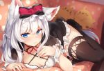  1girl animal_ears azur_lane black_legwear blue_eyes blurry blush bow breasts choker cleavage closed_mouth couch criss-cross_halter depth_of_field eyebrows_visible_through_hair frill_trim hair_bow halterneck hammann_(azur_lane) long_hair looking_at_viewer lying ribbon_choker small_breasts solo thigh-highs tsurime white_hair wrist_cuffs yamaarashi 