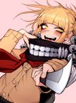  1girl :d bags_under_eyes bangs blonde_hair blunt_bangs blush boku_no_hero_academia commentary double_bun dutch_angle eyebrows_visible_through_hair fangs fingernails foreshortening holding holding_knife holding_weapon j.k. jacket knife long_sleeves looking_at_viewer open_mouth pink_background red_scarf scarf short_hair simple_background smile solo toga_himiko upper_body weapon yellow_eyes 