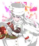  1girl :d azur_lane bangs belt belt_buckle black_belt black_shirt blurry blush breasts buckle buttons christmas depth_of_field earmuffs enterprise_(azur_lane) enterprise_(reindeer_master)_(azur_lane) eyebrows eyebrows_visible_through_hair eyelashes facing_away fur_hat gloves hair_between_eyes hands_together hat hat_ornament highres kumako_(kuma8j) leaf lips long_hair looking_away looking_to_the_side medium_breasts open_mouth pink_lips pom_pom_(clothes) reindeer ribbed_shirt ribbon santa_hat scarf shirt sidelocks skirt smile snowman solo star straight_hair tongue uneven_eyes ushanka violet_eyes white white_gloves white_hair white_hat white_scarf white_skirt 