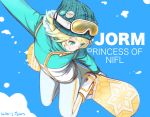  1girl aqua_eyes artist_name blonde_hair blue_background character_name contemporary fire_emblem fire_emblem_heroes fjorm_(fire_emblem_heroes) from_above fur_trim hat ippers jacket short_hair simple_background ski_goggles smile snowboard snowboarding solo twitter_username winter_clothes 