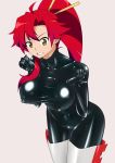  1girl absurdres bodysuit boots breasts clenched_teeth cowboy_shot erect_nipples highres large_breasts long_hair ponytail redhead ryuney solo sweat teeth tengen_toppa_gurren_lagann thigh-highs thigh_boots yellow_eyes yoko_littner 