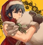  1boy blue_eyes blue_hair carrying fire_emblem fire_emblem:_kakusei fire_emblem_heroes gift_bag gloves hat highres krom looking_at_viewer santa_hat solo spiky_hair 