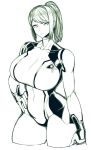  bodysuit breasts cowboy_shot highres huge_breasts metroid monochrome ponytail samus_aran space_jin tagme zero_suit 
