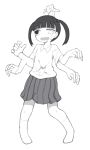  1girl bangs blunt_bangs collared_shirt extra_arms full_body greyscale harau heterochromia jitome monochrome monoko_(yume_nikki) monster open_mouth pigeon-toed pleated_skirt saliva shirt short_sleeves simple_background skirt socks solo standing twintails white_background wing_collar yume_nikki 