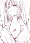  /\/\/\ 1girl arms_up bangs blush breasts cleavage closed_eyes closed_mouth collarbone collared_shirt eyebrows_visible_through_hair frown large_breasts monochrome no_bra nori_tamago nose_blush popped_button saigyouji_yuyuko shirt short_hair simple_background sketch solo speed_lines sweat touhou upper_body white_background work_in_progress 