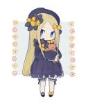 1girl abigail_williams_(fate/grand_order) ayu_(mog) bangs black_bow blonde_hair blush bow bubble_skirt closed_mouth dress fate/grand_order fate_(series) hair_bow hat long_hair long_sleeves looking_at_viewer orange_bow parted_bangs polka_dot polka_dot_bow purple_dress purple_hat shoe_bow shoes skirt sleeves_past_wrists solo standing very_long_hair violet_eyes 