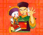  2boys :p black_eyes blush_stickers carrying chaozu chinese_clothes dragon_ball feathers hat katori_(katokichi) looking_at_viewer male_focus multiple_boys open_palms pale_skin red_background simple_background smile tenshinhan tongue tongue_out 