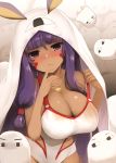  &lt;o&gt;_&lt;o&gt; 1girl blush breasts cleavage competition_swimsuit cosplay dark_skin facepaint fate/grand_order fate_(series) jackal_ears jewelry kujiran large_breasts long_hair looking_at_viewer medjed medjed_(cosplay) necklace nitocris_(swimsuit_assassin)_(fate) one-piece_swimsuit purple_hair sidelocks solo sweat swimsuit swimsuit_pull tears violet_eyes 
