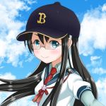  1girl baseball_cap black_hair black_headwear blue_eyes blue_sky breasts clouds comicand_com day glasses hat kantai_collection long_hair long_sleeves looking_at_viewer ooyodo_(kantai_collection) orix_buffaloes outdoors red_neckwear red_ribbon ribbon sky small_breasts solo upper_body 