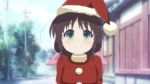  blue_eyes bow brown_hair christmas hair_bow hat highres honda_tamaki looking_at_viewer outdoors santa_costume santa_hat showers-u smile snow stella_no_mahou upper_body 