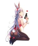  1girl animal_ears ass bow bowtie bunny_tail bunnysuit detached_collar from_behind green_eyes gun heart leotard looking_at_viewer looking_back original pantyhose parnasso rabbit_ears red_leotard red_neckwear silver_hair simple_background solo strapless strapless_leotard tail weapon white_background wrist_cuffs 
