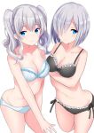  2girls black_bra black_panties blue_bra blue_eyes blue_panties bra breasts collarbone hair_over_one_eye hamakaze_(kantai_collection) highres kantai_collection kashima_(kantai_collection) medium_breasts multiple_girls nagiha_kuten no_hat no_headwear panties short_hair silver_hair simple_background smile two_side_up underwear white_background 