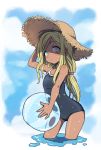  1girl ball beachball blonde_hair blue_eyes blue_sky blue_swimsuit closed_mouth clouds dark_skin gazacy_(dai) hand_on_headwear hat highres idolmaster idolmaster_cinderella_girls layla_(idolmaster) long_hair looking_at_viewer low_ponytail one-piece_swimsuit sky solo straw_hat sun_hat swimsuit water_drop 
