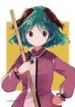  1girl animal_ears artist_name bamboo_broom bangs broom closed_mouth commentary_request dress eyebrows_visible_through_hair green_eyes green_hair hand_on_hip highres holding kasodani_kyouko long_sleeves looking_to_the_side namauni short_hair solo touhou upper_body 