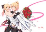  2girls :d absurdres ahoge artoria_pendragon_(all) bangs bare_shoulders black_bow black_pants blonde_hair blurry blush bouquet bow braid breast_pocket breasts carrying cleavage cowboy_shot depth_of_field dress eyebrows_visible_through_hair fang fate/apocrypha fate_(series) flower formal french_braid full_body gem gloves green_eyes hair_between_eyes hair_bow hand_on_another&#039;s_shoulder highres looking_at_viewer mordred_(fate) mordred_(fate)_(all) multiple_girls open_mouth pants petals pink_ribbon pocket ponytail princess_carry red_rose ribbon rose rose_petals saber_lily shiny shiny_hair short_hair simple_background small_breasts smile standing strapless strapless_dress suit thigh-highs wedding_dress white_background white_choker white_dress white_footwear white_gloves white_legwear wife_and_wife yorukun yuri 