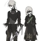  1boy 1girl blindfold daenarys double-breasted drag-on_dragoon genderswap genderswap_(ftm) genderswap_(mtf) grey_hair halterneck holding holding_sword holding_weapon leotard long_sleeves medium_hair mole mole_under_mouth navel nier_(series) nier_automata see-through sword toned toned_male weapon yorha_no._2_type_b yorha_no._9_type_s 