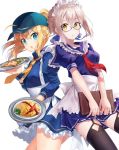  2girls :o ahoge alternate_costume artoria_pendragon_(all) baseball_cap blonde_hair blue_eyes blush dutch_angle fate/grand_order fate_(series) food_request from_below garter_straps hat looking_at_viewer menu multiple_girls mysterious_heroine_x mysterious_heroine_x_(alter) nonono shorts thigh-highs tray white_background yellow_eyes 