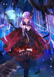  1girl bird book breasts cape cleavage crow elbow_gloves gloves jewelry long_hair magic_circle original purple_hair red_eyes revision small_breasts solo thigh-highs very_long_hair wand weed_(astarone) 