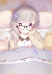  1girl absurdres bed blanket blue_bow blush bow braid child closed_mouth fingernails glasses hair_bow hand_up henreader highres long_sleeves looking_at_viewer lying on_back on_bed original pillow purple-framed_eyewear silver_hair single_braid smile solo stuffed_animal stuffed_toy under_covers upper_body violet_eyes 