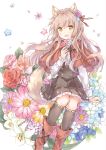  1girl :d animal_ears bangs black_legwear blonde_hair blush boots capelet daisy dress eyebrows_visible_through_hair fang floral_background flower flower_request forget-me-not_(flower) frilled_dress frills hair_flower hair_ornament hair_ribbon holding holding_flower kneehighs lily_(flower) long_hair long_sleeves looking_at_viewer open_mouth original petals pink_rose red_rose ribbon rose sitting smile solo tail wataame27 wolf_ears wolf_tail yellow_eyes 